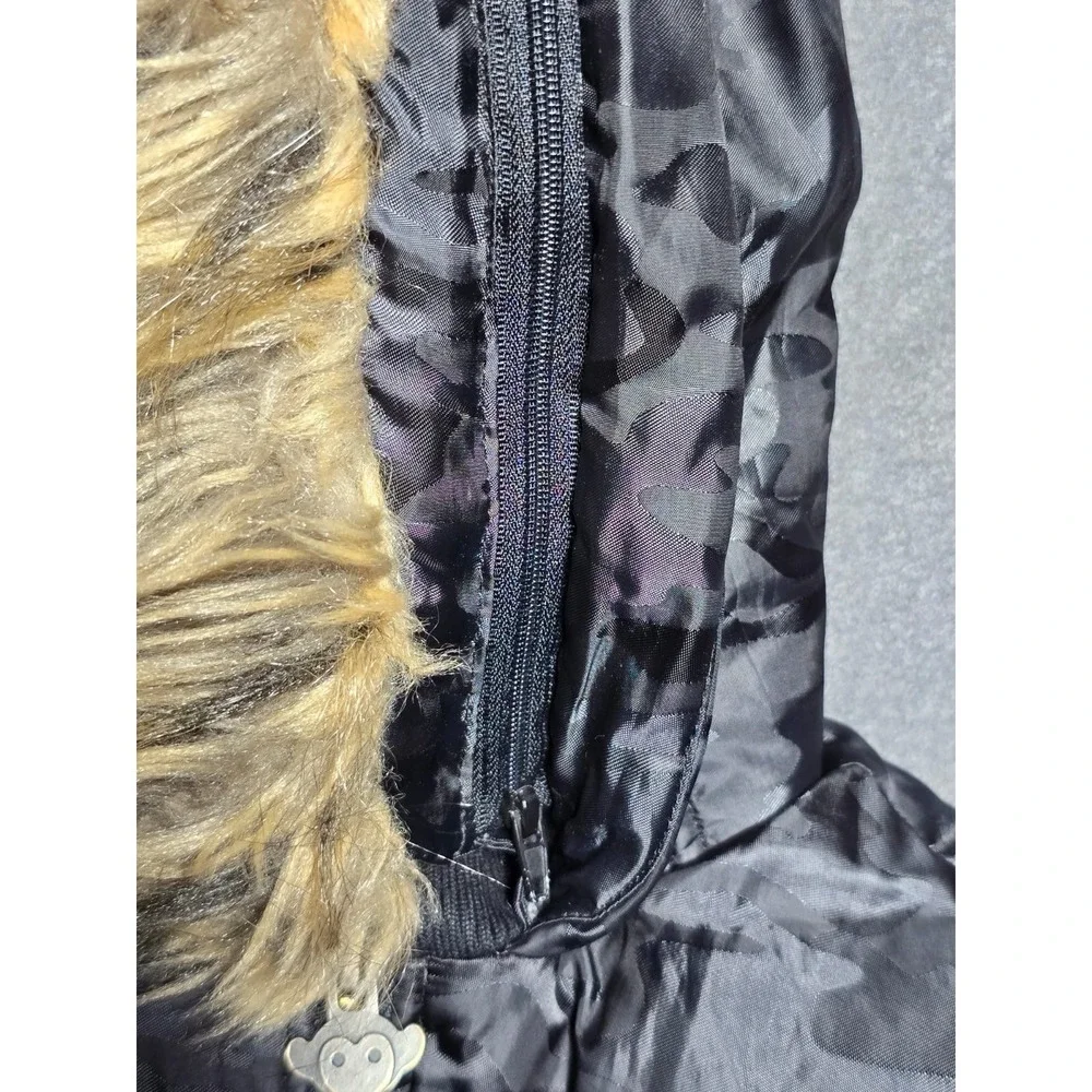 Appaman Girls Black Camo Shiny Fur Trimmed‎ Hooded Zipped Puffer Coat Size 6 EUC